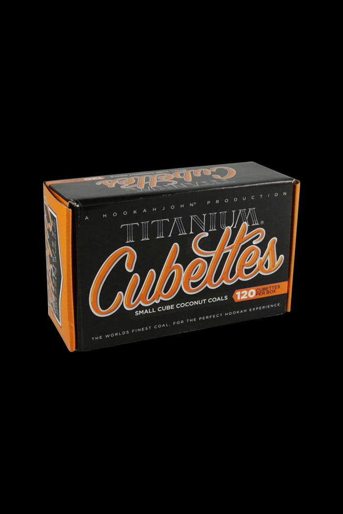 Front view of the 120 Titanium Coconut Coals - CUBETTES packaging, with bold text and a dark background.