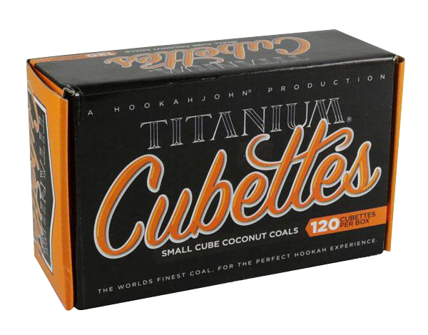 Front view of the 120 Titanium Coconut Coals - CUBETTES packaging with bold text on a vibrant orange background.
