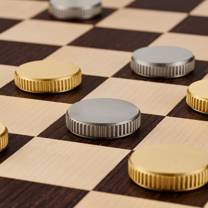 24 x Brass Draughts Pieces Set in Gold & Silver with Leather Base – product view 2