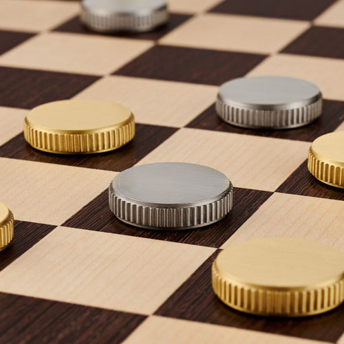 24 x Brass Draughts Pieces Set in Gold & Silver with Leather Base – product view 2