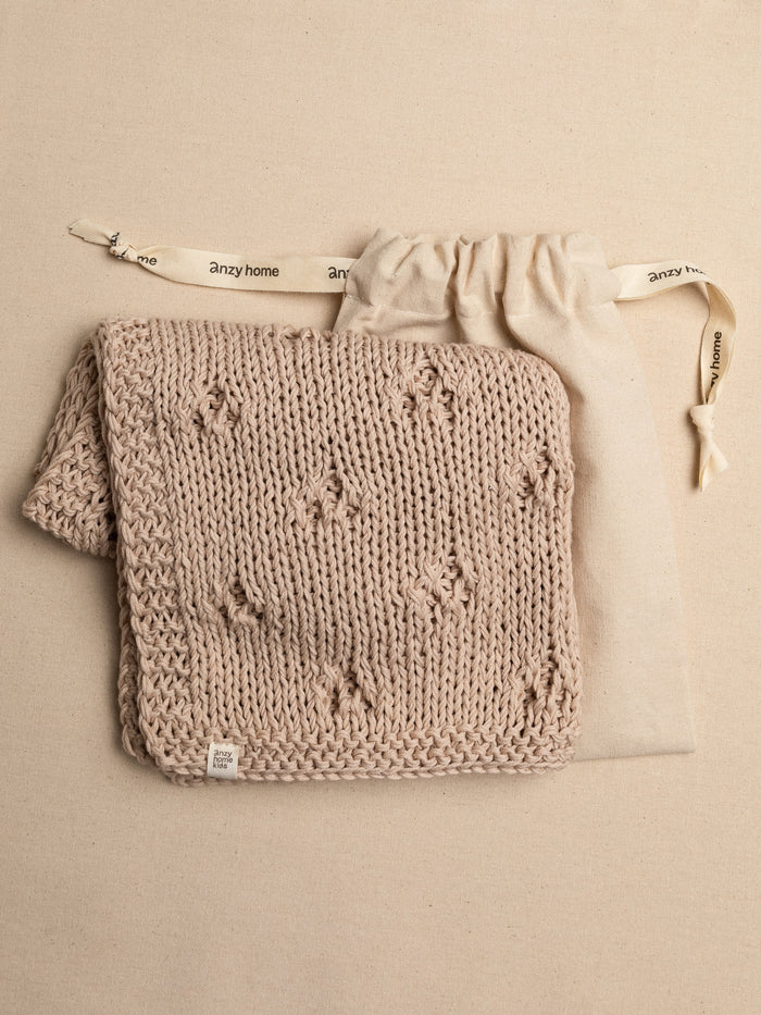 Sand pointelle hand-knitted baby blanket with cotton storage bag – Anzy Home