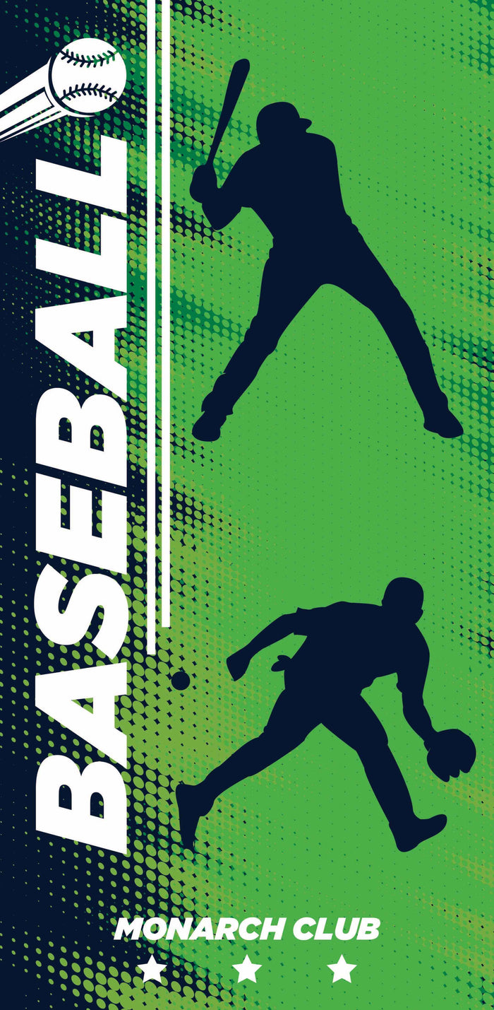 Text in all caps that reads "BASEBALL MONARCH CLUB" on a green background with cutouts of baseball players.