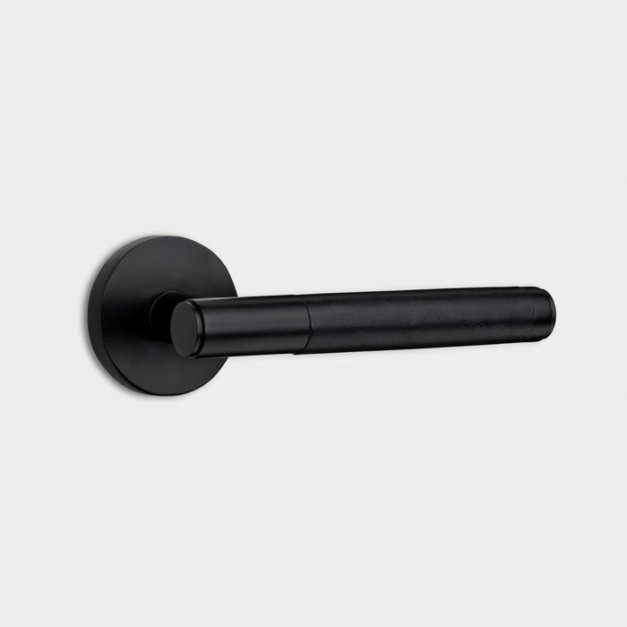 Black Brass Door Lever Handle with Leather in Black – product view 2