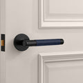 Black Brass Door Lever Handle with Leather in Blue