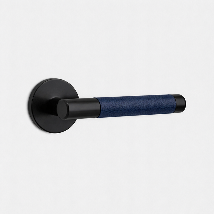 Black Brass Door Lever Handle with Leather in Blue – product view 2