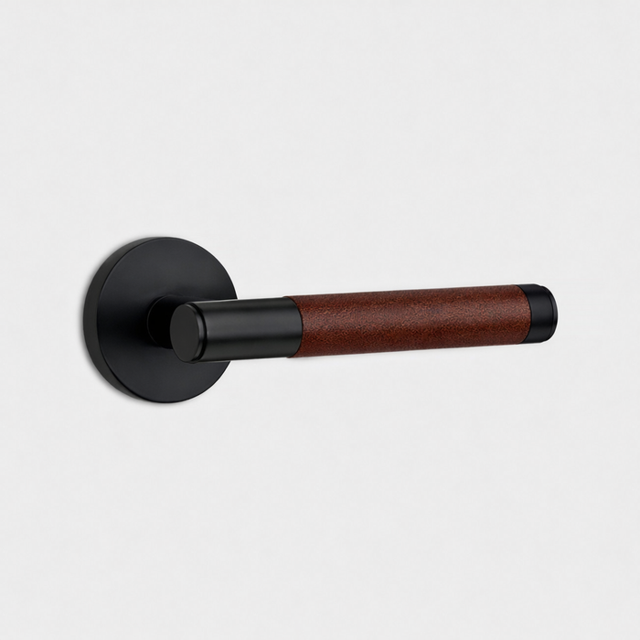 Black Brass Door Lever Handle with Leather in Brown – product view 2