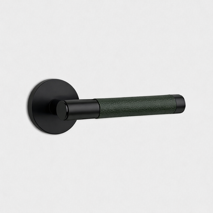 Black Brass Door Lever Handle with Leather in Green – product view 2