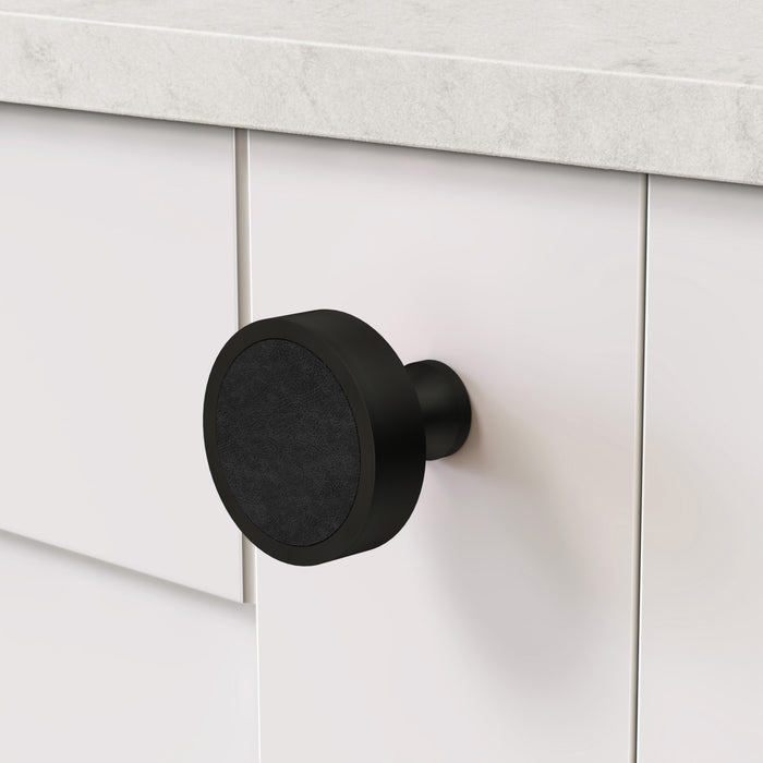 Black & Leather Round Door Knobs in Black – product view 3