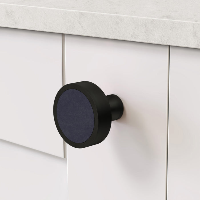 Black & Leather Round Door Knobs in Blue – product view 3