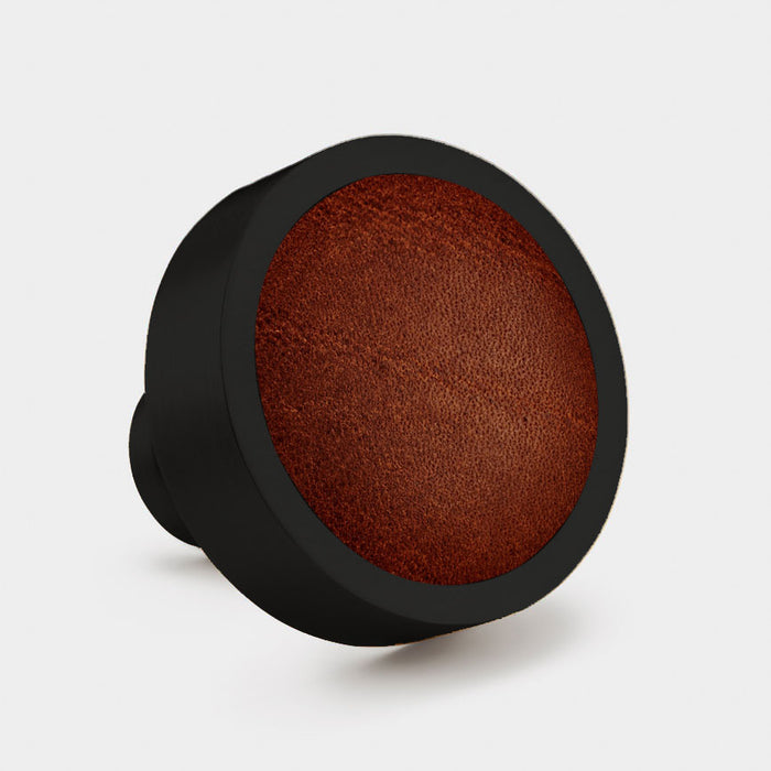 Black & Leather Round Door Knobs in Brown