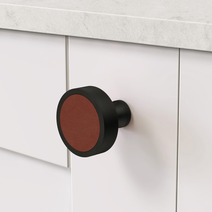 Black & Leather Round Door Knobs in Brown – product view 3