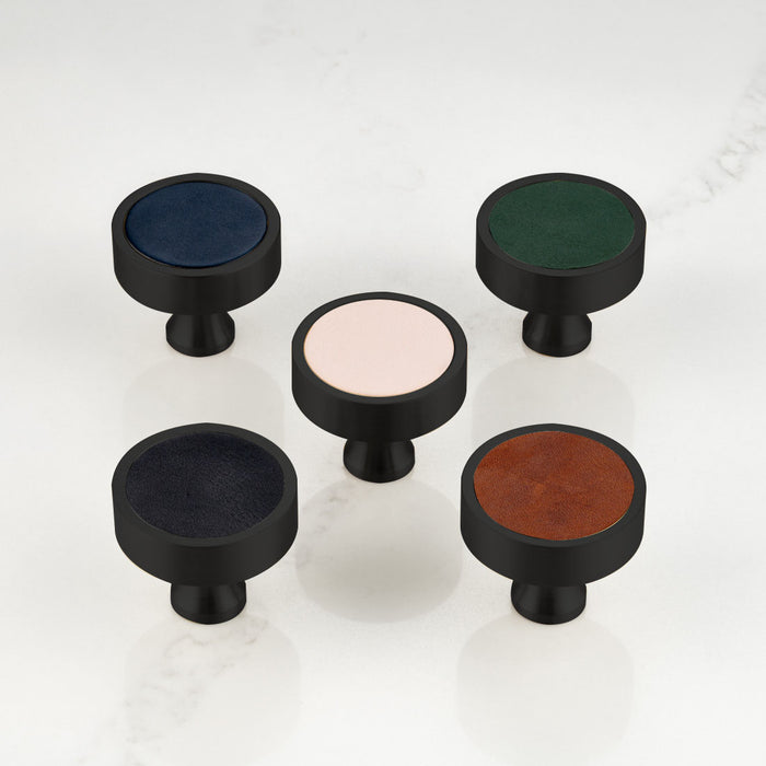 Black & Leather Round Door Knobs in Brown – product view 4