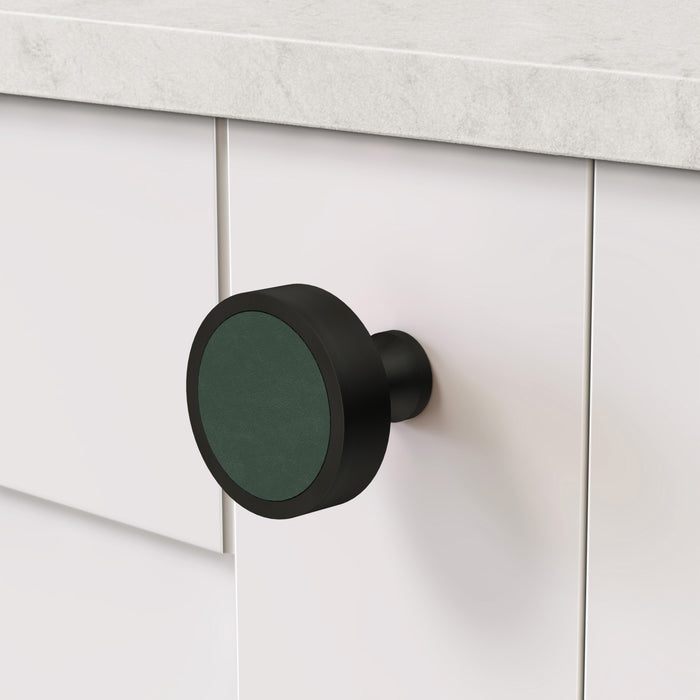 Black & Leather Round Door Knobs in Green – product view 3
