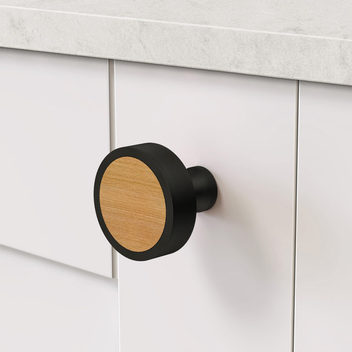 Black & Wood Round Door Knobs in Oak – product view 3