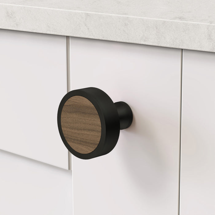 Black & Wood Round Door Knobs in Walnut – product view 3