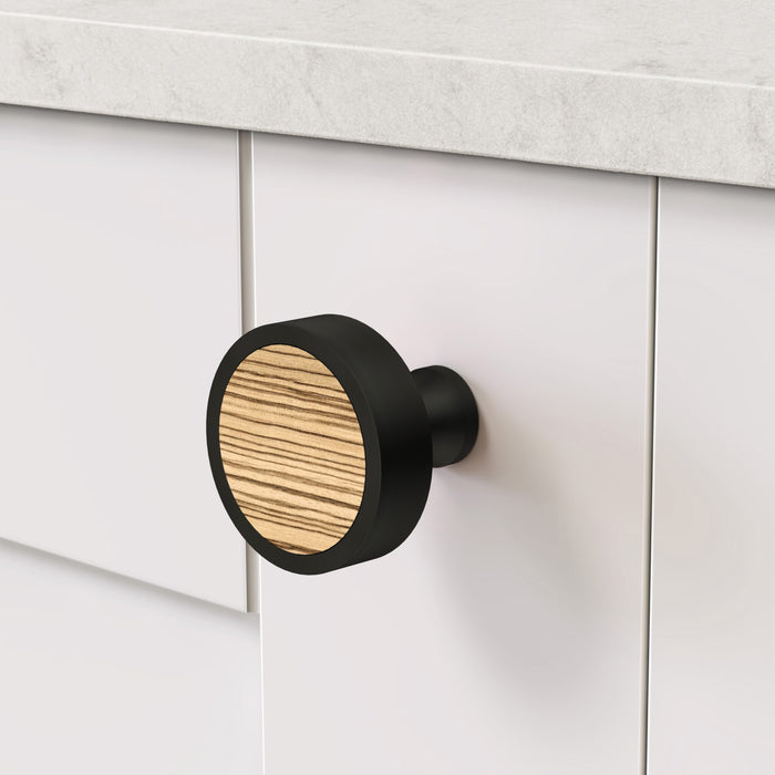Black & Wood Round Door Knobs in Zebrano – product view 3