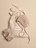 Sand hand-knitted baby bonnet and booties with drawstring gift pouch – Anzy Home