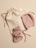 Dusty pink pointelle baby bonnet and booties with cotton gift bag – Anzy Home