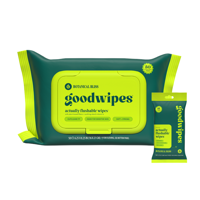 Goodwipes packaging with green and yellow design on a white background