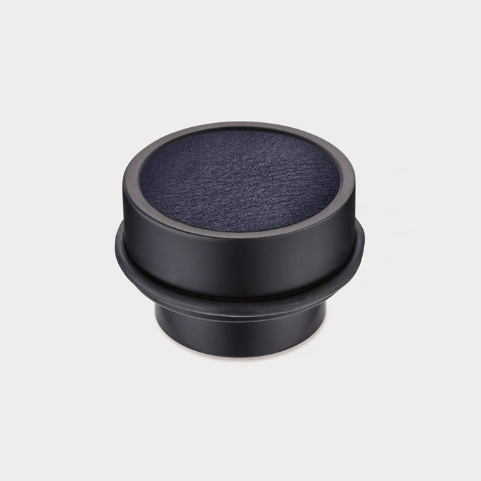 Brass & Blue Leather Mounted Door Stops in Black – installed view