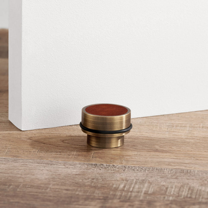Brass & Brown Leather Mounted Door Stops in Antique