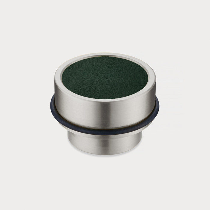 Brass & Green Leather Mounted Door Stops in Silver – installed view