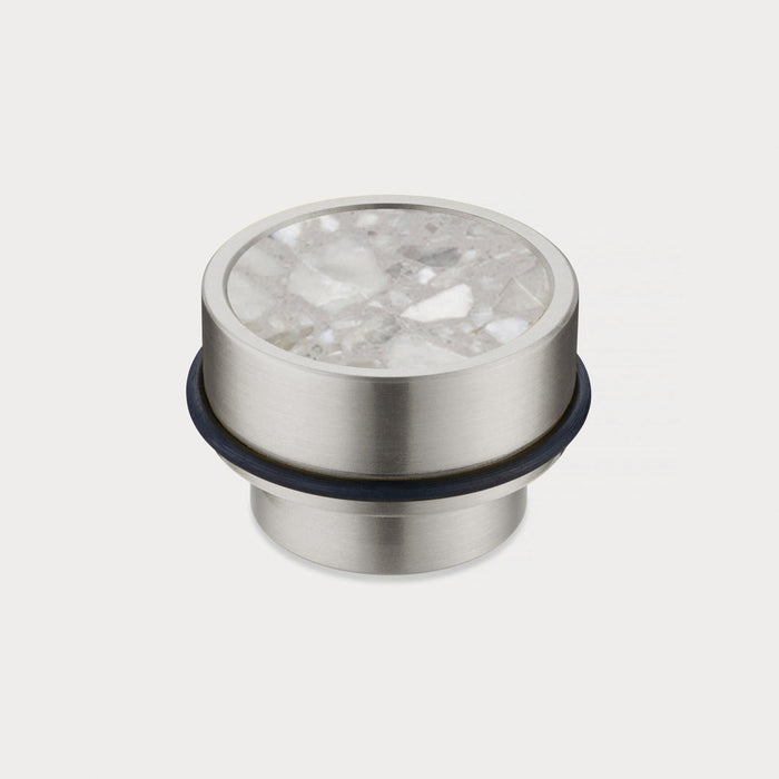 Brass & Grey Terrazzo Floor Mounted Door Stops in Silver – installed view