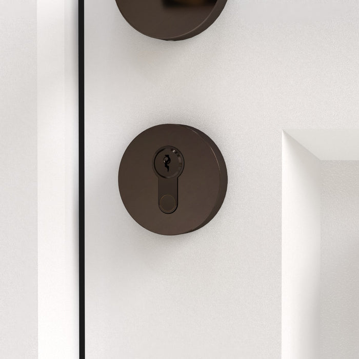 Brass Keyhole Cover: Key Escutcheon Plate Set in Bronze – installed view
