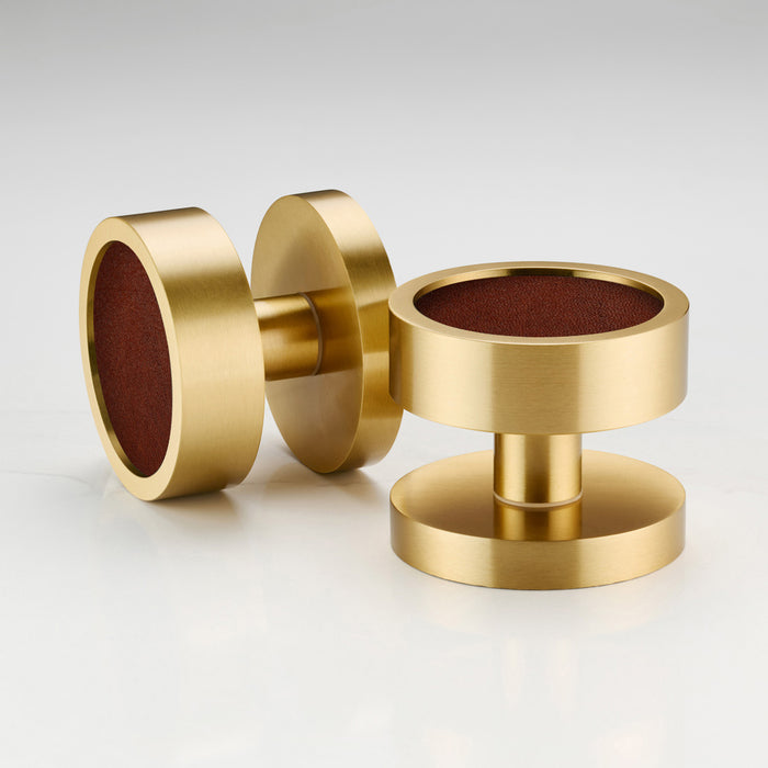 Brass & Leather Mortice Door Knobs in Gold – installed view