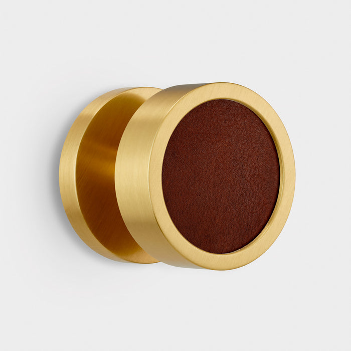 Brass & Leather Mortice Door Knobs in Gold – installed view