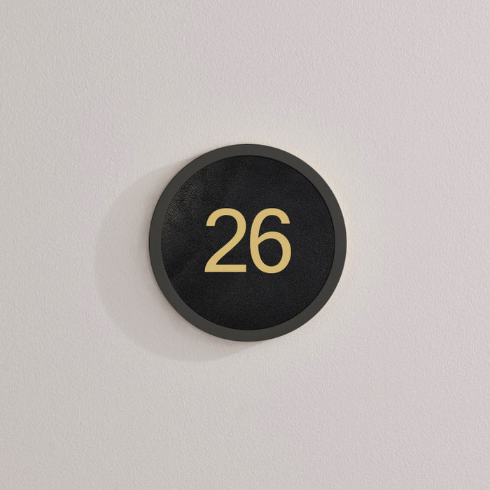 Brass & Leather Number Door Plaque in Black – installed view