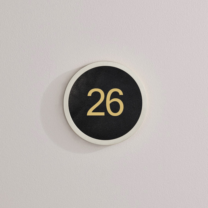 Brass & Leather Number Door Plaque in Silver – installed view