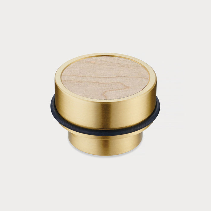 Brass & Maple Wood Floor Mounted Door Stops in Gold – installed view