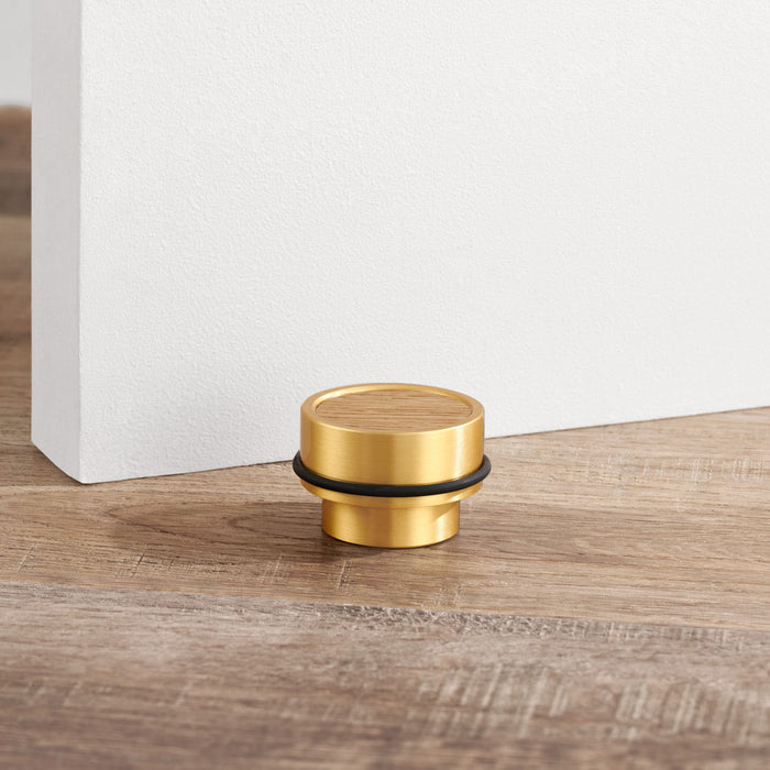 Brass & Oak Wood Floor Mounted Door Stops in Gold