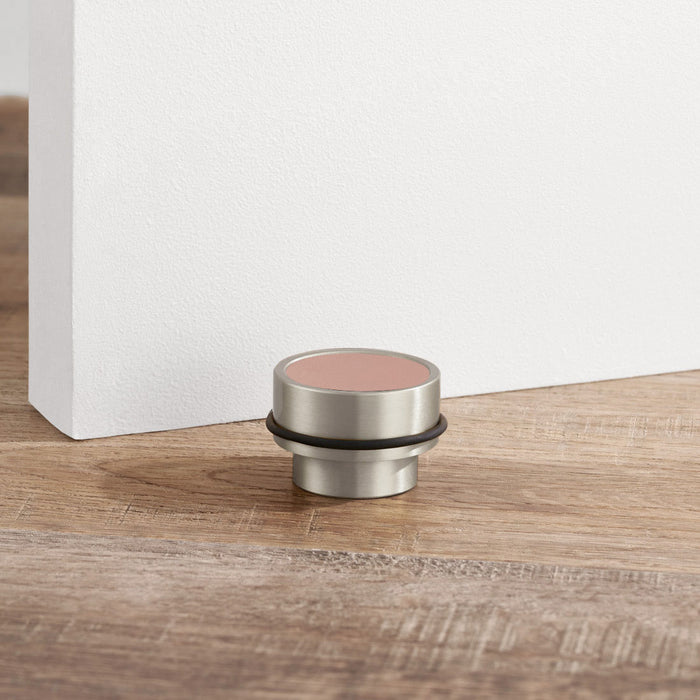 Brass & Pink Leather Mounted Door Stops in Silver