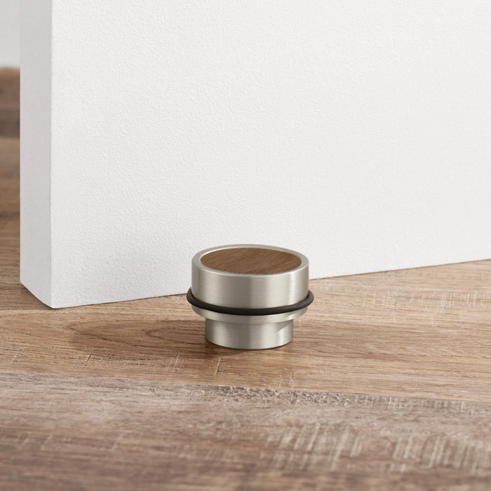 Brass & Walnut Wood Floor Mounted Door Stops in Silver