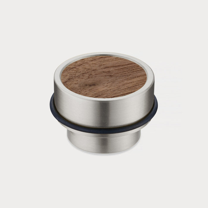 Brass & Walnut Wood Floor Mounted Door Stops in Silver – installed view