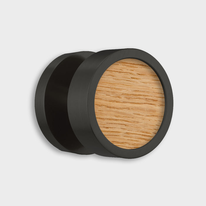 Brass & Wood Mortice Door Knobs in Black – installed view