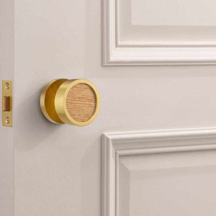 Brass & Wood Mortice Door Knobs in Gold – installed view