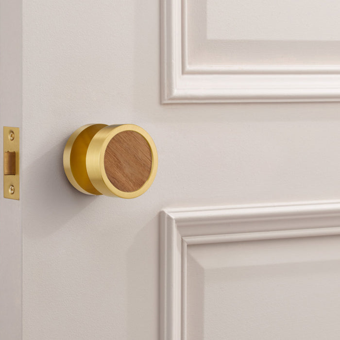Brass & Wood Mortice Door Knobs in Gold – installed view
