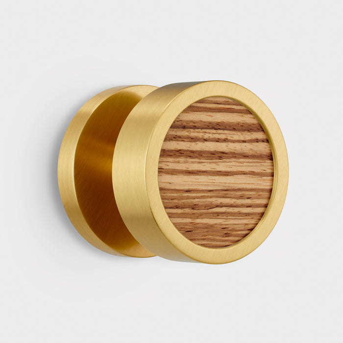 Brass & Wood Mortice Door Knobs in Gold – installed view