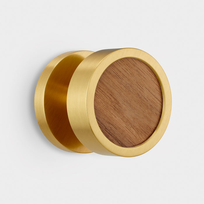 Brass & Wood Mortice Door Knobs in Gold – installed view