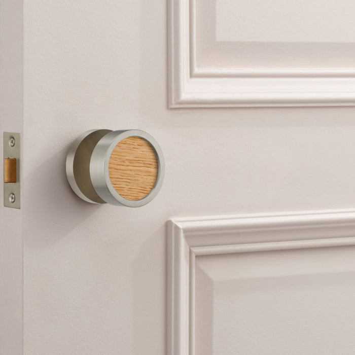 Brass & Wood Mortice Door Knobs in Silver – installed view