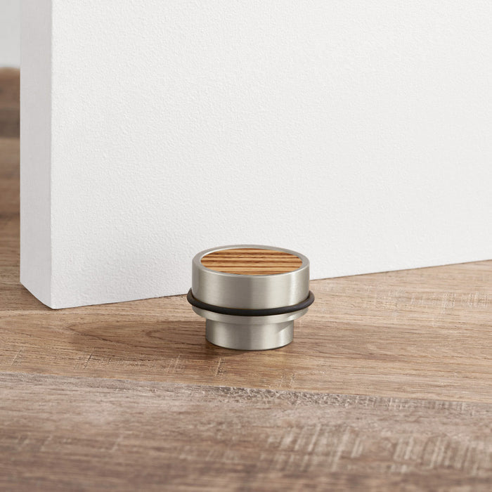 Brass & Zebrano Wood Floor Mounted Door Stops in Silver