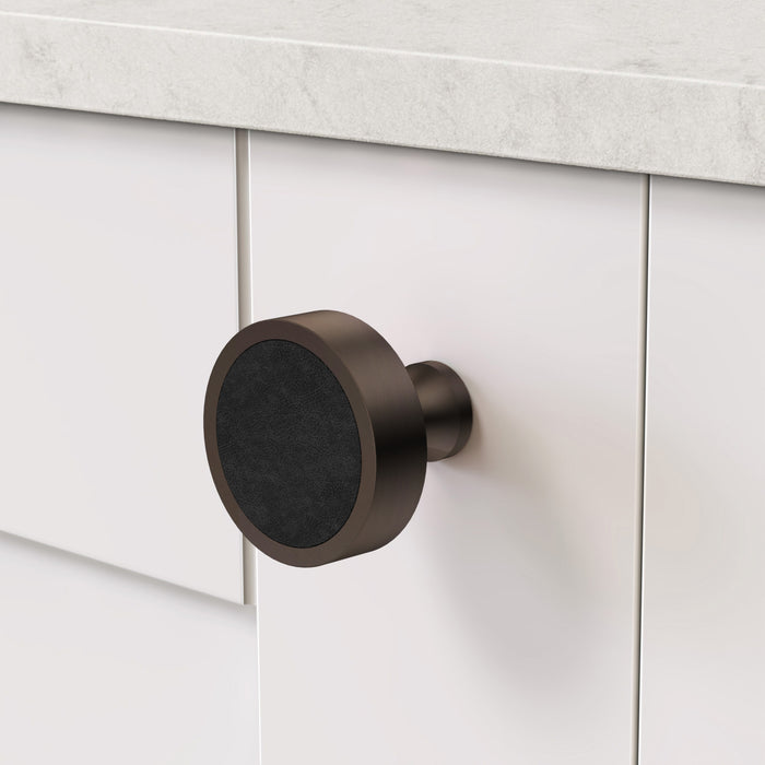 Bronze & Leather Round Door Knobs in Black – product view 3