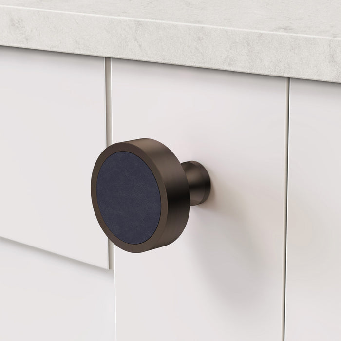 Bronze & Leather Round Door Knobs in Blue – product view 3