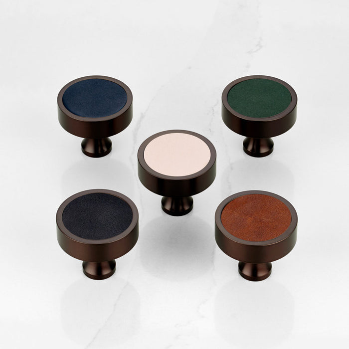 Bronze & Leather Round Door Knobs in Blue – installed view