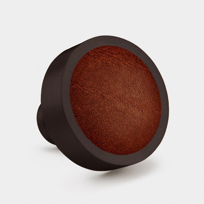 Bronze & Leather Round Door Knobs in Brown