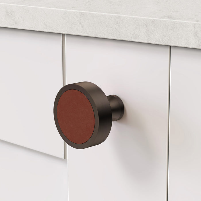 Bronze & Leather Round Door Knobs in Brown – product view 3