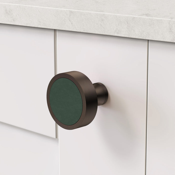 Bronze & Leather Round Door Knobs in Green – product view 3
